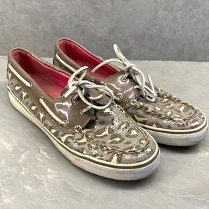 Sperry Top-Sider Womens Sequined Leopard Print Boat Shoes Tan Sz 7 M